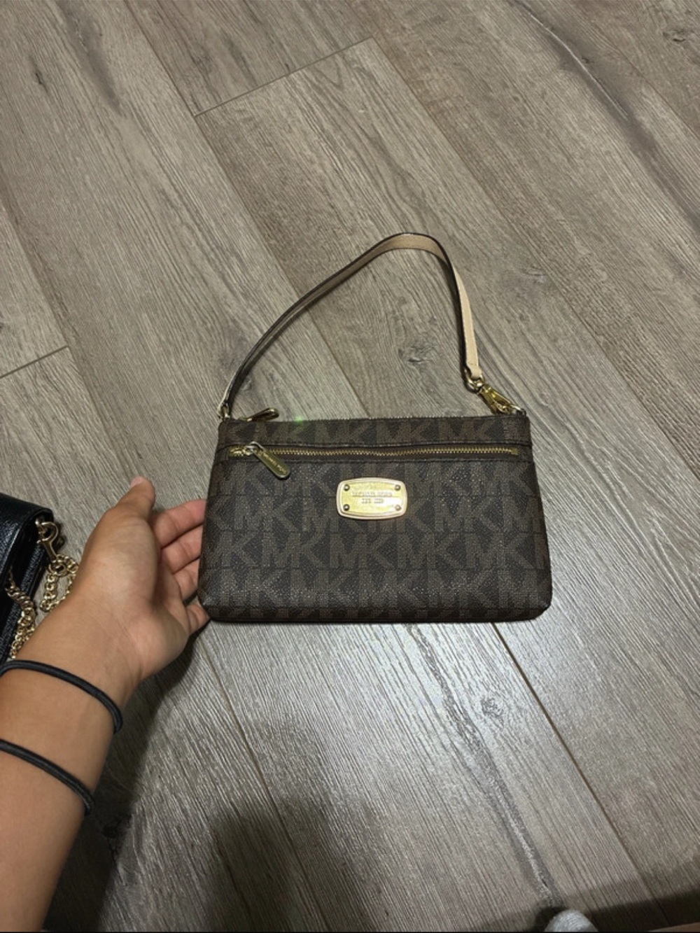 Michael Kors Dark Brown MK Logo Wristlet/Purse with hand Strap